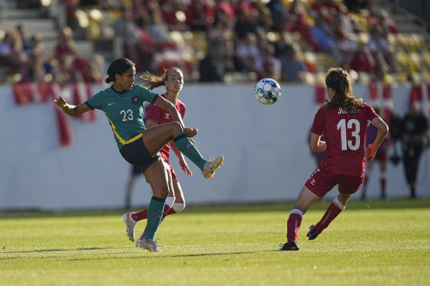 Mary Fowler taking on Denmark in 2021. The prodigy scored her first goal for the Matildas in this match.