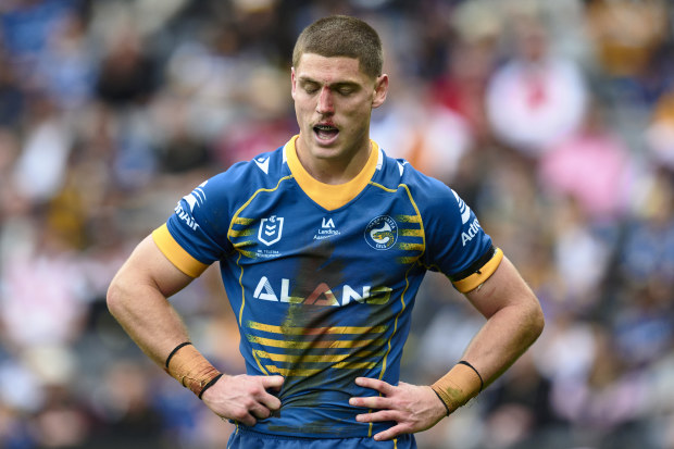 Sean Russell of the Eels is pictured during the round 23 NRL match between Parramatta Eels and St George Illawarra Dragons at CommBank Stadium on August 06, 2023 in Sydney, Australia. (Photo by Brett Hemmings/Getty Images)