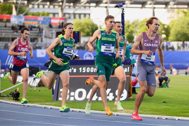 Australia's Angus Hincksman, Deon Kenzie and Reece Langdon racing over 1500m at the 2023 Para Athletics World Championships in Paris.