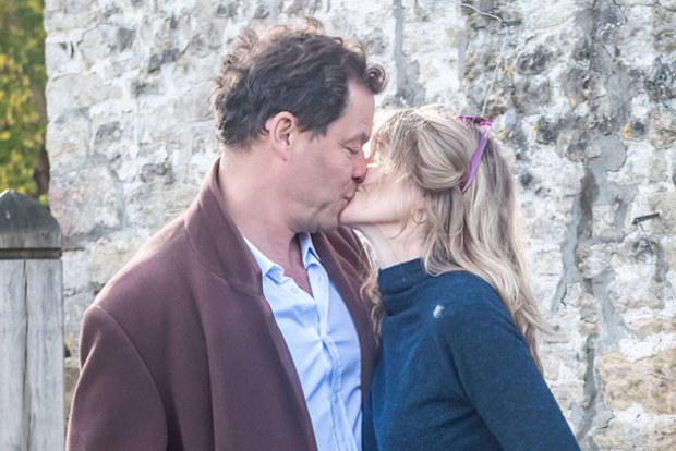 Dominic West and wife Catherine FitzGerald make a statement to press outside their Cotswolds home after Dominic was seen kissing actress Lily James whilst in Rome on October 13, 2020 in Cotswolds, England. 