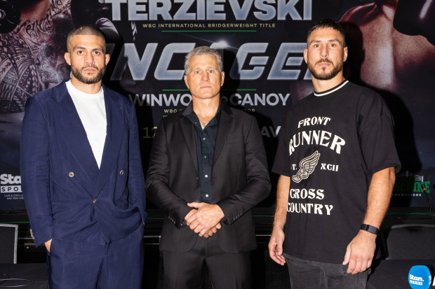 Tyson Pedro (from left) with promoter and former champion Danny Green and Kris Terzievski.
