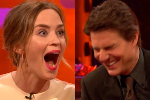 Naughty naughty! Tom Cruise cracks up at Emily Blunt's accidental come-on