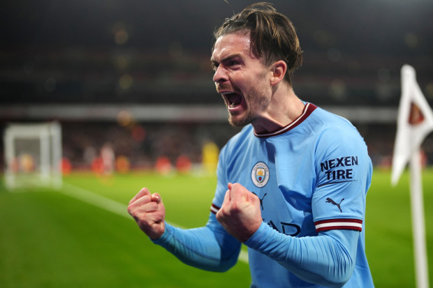 Jack Grealish of Manchester City celebrates after scoring.