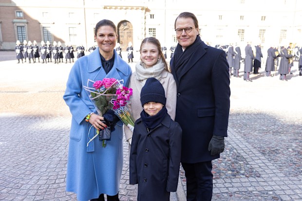 Crown Princess Victoria of Sweden, Princess Estelle of Sweden, Prince Oscar of Sweden and Prince Daniel of Sweden pose during the Crown Princess' Name Day celebration at The Royal Palace on March 12, 2024 in Stockholm, Sweden. 
