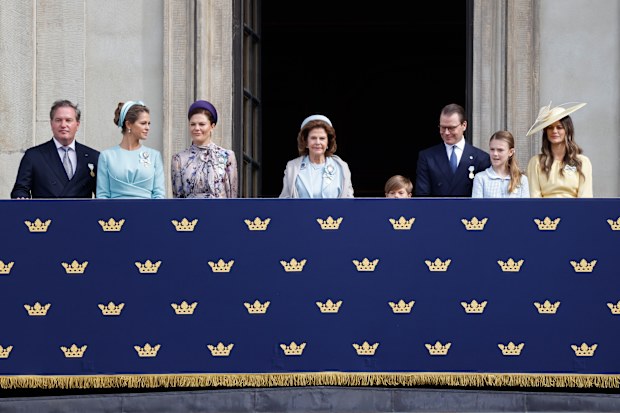 Christopher O'Neil, Princess Madeleine of Sweden, Crown Princess Victoria of Sweden, Queen Silvia of Sweden, Prince Oscar of Sweden, Prince Daniel of Sweden, Princess Estelle of Sweden and Princess Sofia of Sweden watch from the balcony during the Changing of the Guards and Choir tribute at the celebration of the 50th coronation anniversary of King Carl Gustav of Sweden on September 15, 2023
