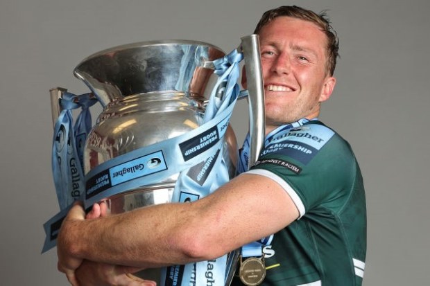 Harry Potter of Leicester poses with the Premiership trophy.