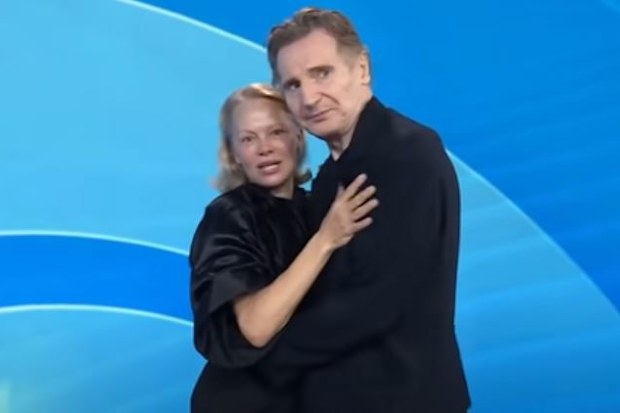 Pamela Anderson and Liam Neeson stage a kiss on the US Today Show