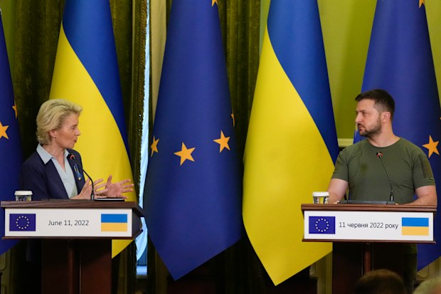 European Commission President Ursula von der Leyen, left, speaks during a joint press conference with Ukraine President Volodymyr Zelenskyy in Kyiv, Ukraine, Saturday, June 11, 2022. 