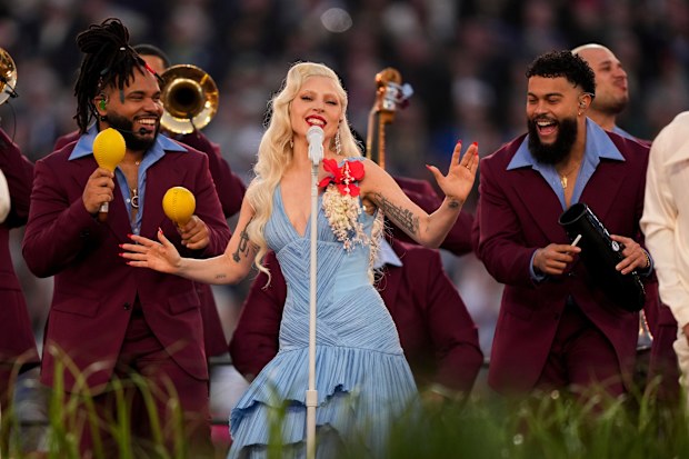 Bad Bunny and Lady Gaga perform during halftime of the NFL Super Bowl 60 football game between the New England Patriots and the Seattle Seahawks, February 8, 2026, in Santa Clara