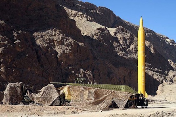 An Iranian long range missile Qadr being prepared before launching at an undisclosed location in Iran, 2016