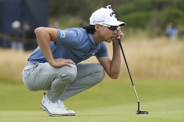 Min Woo Lee of Australia on the 13th green during a practice round ahead of the British Open Golf Championships at Royal Troon golf club in Troon, Scotland, Wednesday, July 17, 2024. (AP Photo/Jon Super)