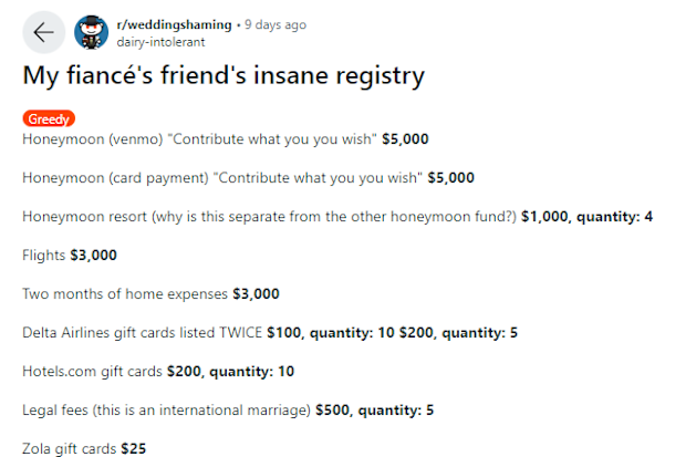 A woman was appalled by this wedding registry list her friend put together.