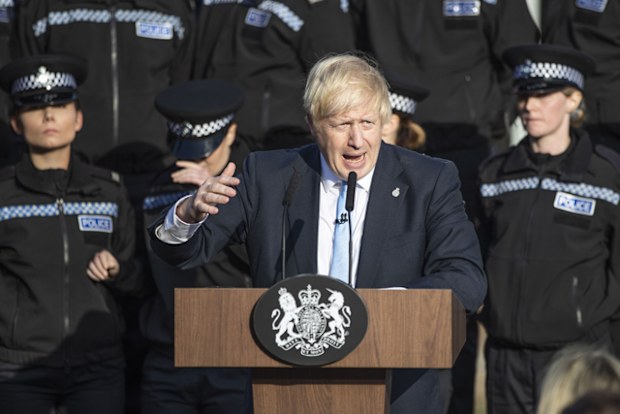 Prime Minister Boris Johnson gives a speech to police officers during a visit on September 5, 2019 in West Yorkshire, United Kingdom. The government promised $1.3bn in a spending review to fund the first year of a plan to recruit an extra 20,000 police officers.