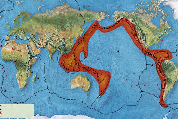 Map of the Pacific Ring of Fire, an area known for its intense seismic activity which extends from the west coast of the American continent to New Zealand, Japan, the Philippines and Indonesia. 