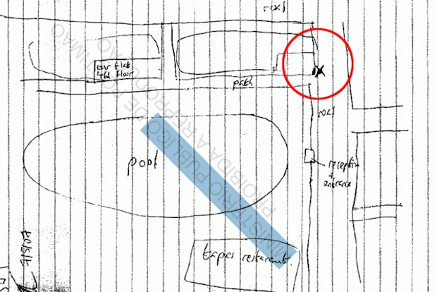 The map Jeremy Wilkins drew for police in 2007. Inside the red circle is the 'X' where he said he stood with Gerry McCann.