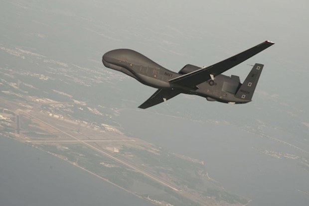 A RQ-4 Global Hawk unmanned aerial vehicle conducts tests over Naval Air Station Patuxent River, Maryland.