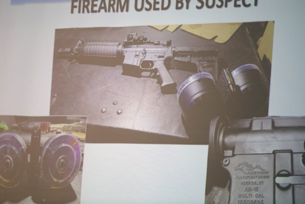 The firearm used by the shooter Connor Betts, 22, is projected on a screen during a press conference about a mass shooting that left ten dead, including the shooter, and 26 injured in Dayton , Ohio