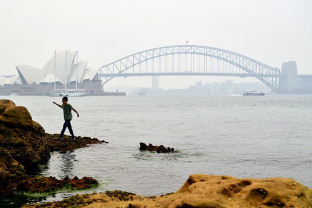 A young boy climbs on the rocks at Mrs Macquarie's Chair as smoke haze from bushfires in New South Wales blankets the CBD in Sydney