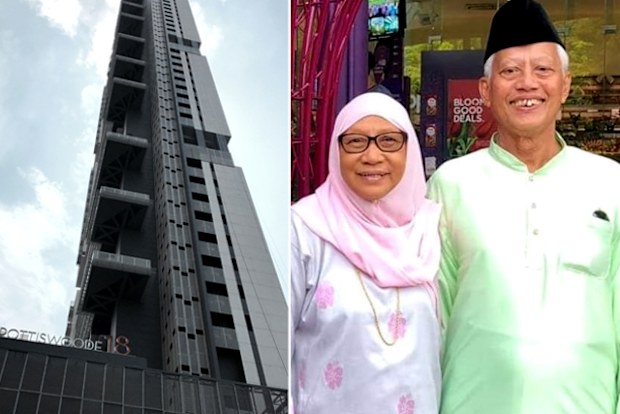 The 35-storey Spottiswoode 18 condominium; Nasiari Sunee, pictured with his wife, died after being hit in the head with a wine bottle allegedly thrown from the high-rise's 7th floor.