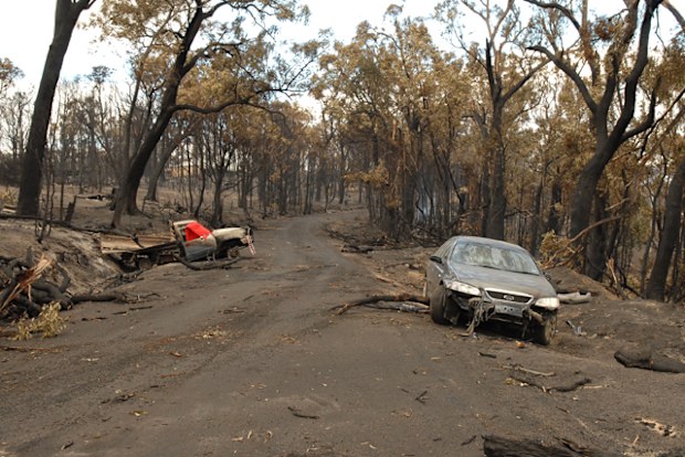The devastating consequences of Black Saturday arsonist Brendan Sokaluk are shown in this 2009 photo, depicting the burned out cars in which two people died. Sokaluk was found guilty of killing 10 people.