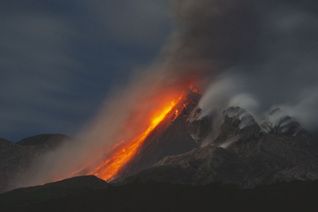 Lava flows down Soufrière Hills volcano on the Caribbean island of Montserrat.