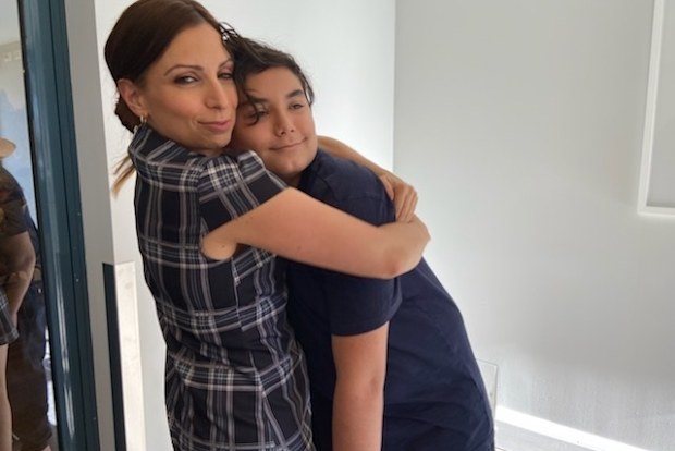 Jo Abi son Philip hug