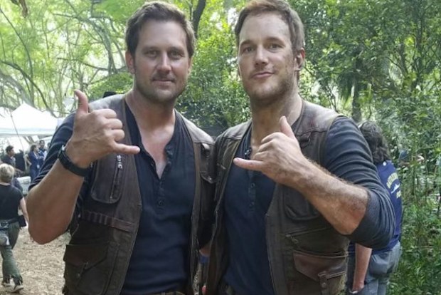 Chris Pratt on the set of a Jurassic World movie with stuntman Tony McFarr.