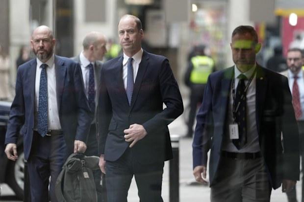 Britain's Prince William, The Prince of Wales, leaves after a visit to the British Red Cross at its headquarters in London, Tuesday, Feb. 20, 2024. 