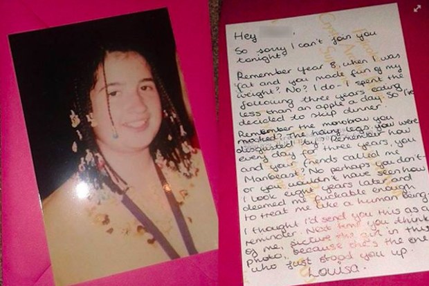 'Remember how every day for three years, you and your friends called me Manbeast?' - Bullied in high school, an Oxford University student gets revenge on her former tormentor. (Facebook)