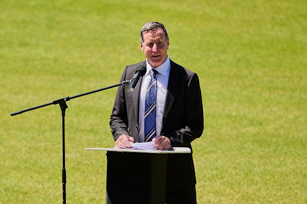 John Worsfold speaks during the funeral service for Adam Hunter.
