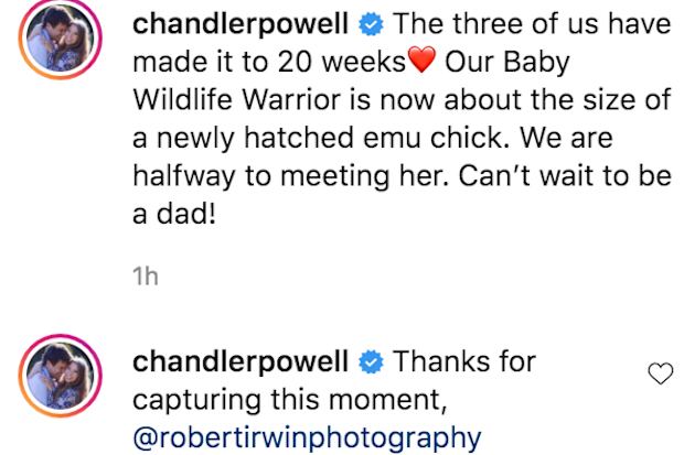 Chandler Powell posted the same photo, taken by Robert Irwin, sharing his excitement at being a dad
