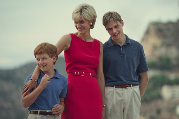 Elizabeth Debicki as Diana in The Crown Season 6 with Rufus Kampa as Prince William in Pt1 and Fflyn Edwards as Prince Harry in Pt1