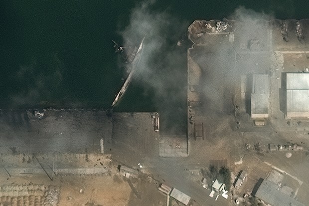 This satellite image provided by Vantor shows a view of capsized ship at Konarak Naval base in Iran on Wednesday, March 4, 2026.    