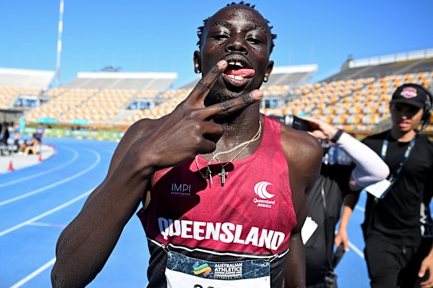 BRISBANE, AUSTRALIA - APRIL 18: Gout Gout celebrates victory after competing in the final of the Men's U20's 100m event during the 2026 Australian Athletics Junior Championships at Queensland Sport and Athletics Centre on April 18, 2026 in Brisbane, Australia. (Photo by Bradley Kanaris/Getty Images)