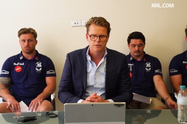 Melbourne CEO Justin Rodksi is flanked by Cameron Munster and Brandon Smith.