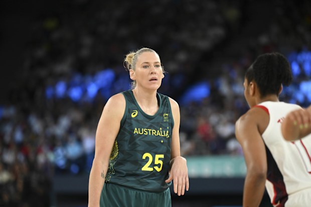 Lauren Jackson pictured after being injected into the Opals' Paris 2024 semi final against USA.
