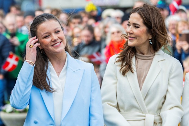 AARHUS, DENMARK - APRIL 11: (L-R) Princess Isabella of Denmark and Queen Mary of Denmark in front of Aarhus City Hall to celebrate Princess Isabella Of Denmark's 18th birthday on April 11, 2025 in Aarhus, Denmark. (Photo by Martin Sylvest Andersen/Getty Images)