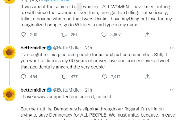 Bette Midler clarifies controversial tweets.