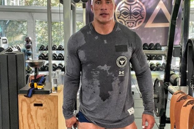 Dwayne Johnson in his barely-there shorts during a workout.