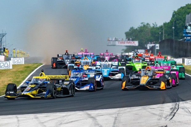 The start of the Grand Prix at Road America, led by Colton Herta (left).
