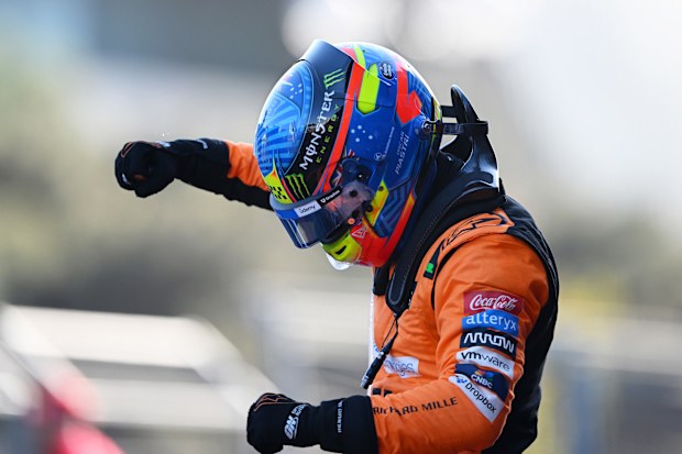 Race winner Oscar Piastri of Australia and McLaren celebrates in parc ferme during the F1 Grand Prix of Azerbaijan at Baku City Circuit on September 15, 2024 in Baku, Azerbaijan. (Photo by Rudy Carezzevoli/Getty Images)