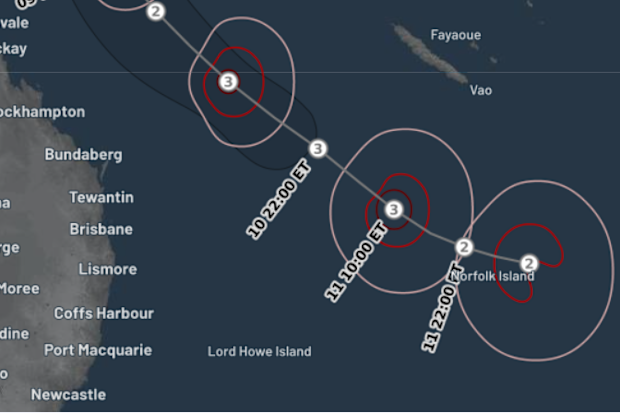 The Bureau of Meteorology's cyclone track map shows the tropical low tracking southwards towards Norfolk Island. 