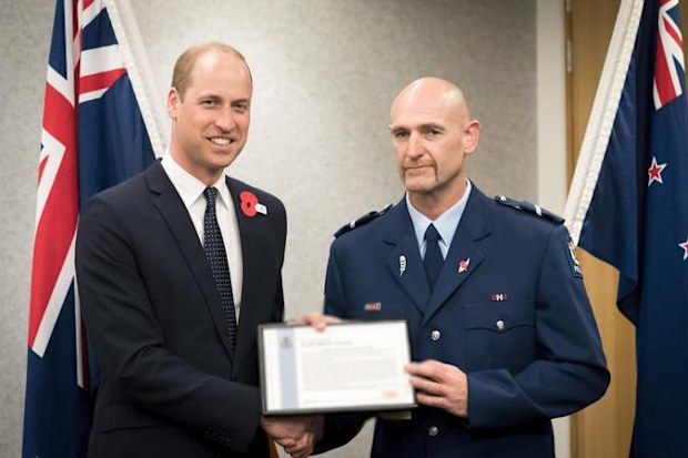 Senior Constable Scott Carmody of Canterbury District Police is shown with Prince William, receiving an award recognising his bravery.