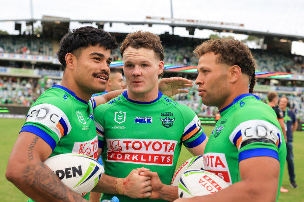 Matthew Timoko (left), Ethan Strange (middle) and Sebastian Kris (right) celebrating their win.  (Photo by Jenny Evans/Getty Images)
