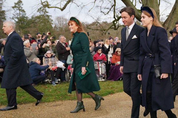 (left to right) The Duke of York, Sarah Ferguson, the Duchess of York, Edoardo Mapelli Mozzi, Princess Beatrice, Arthur Chatto and Samuel Chatto attending the Christmas Day morning church service at St Mary Magdalene Church in Sandringham, Norfolk.  Monday December 25, 2023 