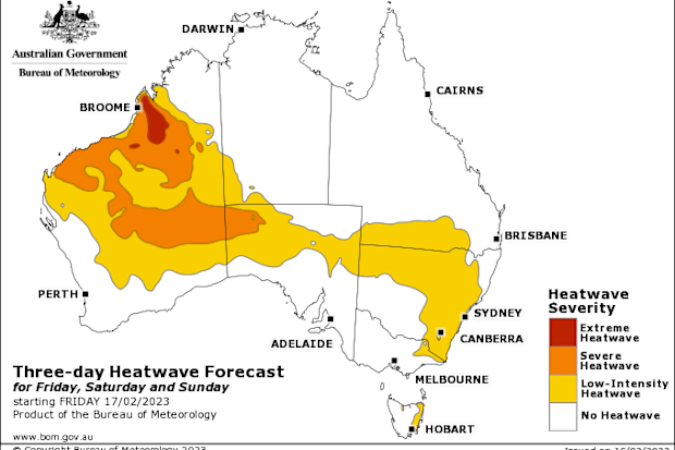 Bureau of Meteorology's forecast heatwave categories for Friday, Saturday and Sunday