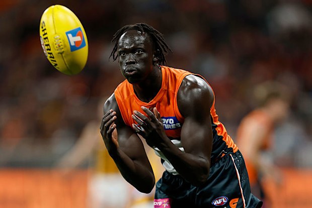 Leek Aleer of the Giants marks during the AFL Elimination Final match between Greater Western Sydney Giants and Hawthorn Hawks.