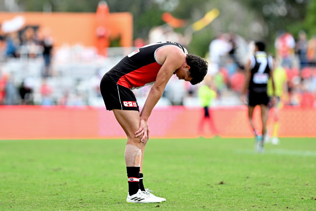 GOLD COAST, AUSTRALIA - JULY 15: Rowan Marshall of the Saints looks dejected after his team loses the round 18 AFL match between Gold Coast Suns and St Kilda Saints at Heritage Bank Stadium, on July 15, 2023, in Gold Coast, Australia. (Photo by Bradley Kanaris/Getty Images)