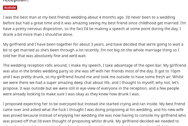 Is it wrong to propose at a friend's wedding? Short answer, yes.