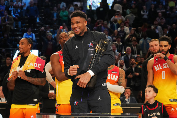 SALT LAKE CITY, UT - FEBRUARY 19: Giannis Antetokounmpo #34 of Team Giannis celebrates with the All Star Game Championship Trophy during the NBA All-Star Game as part of 2023 NBA All Star Weekend on Sunday, February 19, 2023 at Vivint Arena in Salt Lake City, Utah. NOTE TO USER: User expressly acknowledges and agrees that, by downloading and/or using this Photograph, user is consenting to the terms and conditions of the Getty Images License Agreement. Mandatory Copyright Notice: Copyright 2023 N